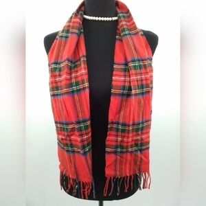 VTG Cashmink Higbees Red Paid Scarf with Fringe UNISEX